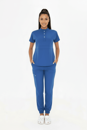 N O V A | Fırtına Mavi Lastikli Paça Kadın Likralı Hakim Yaka Yarım Pat Çıtçıtlı Hemşire Ve Doktor Forması Scrubs - Class Üniforma hemşire formaları, medikal önlükler