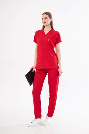 Classic - Kırmızı Kadın Likralı Üniforma Takımı - Class Üniforma hemşire formaları, medikal önlükler