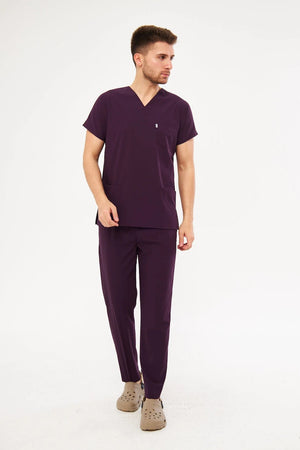 Classic - Koyu Mürdüm Erkek Likralı Üniforma Takımı - Class Üniforma hemşire formaları, medikal önlükler