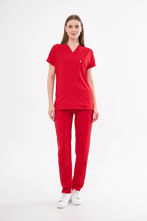 Classic - Kırmızı Kadın Likralı Üniforma Takımı - Class Üniforma hemşire formaları, medikal önlükler