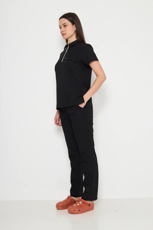 Polo Yaka Siyah Kadın Medikal Üniforma Scrubs Takımı
