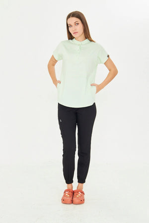 N O V A | Su Yeşili - Siyah Lastikli Kadın Likralı Hakim Yaka Yarım Çıtçıtlı Hemşire Ve Doktor Forması Scrubs - Class Üniforma hemşire formaları, medikal önlükler