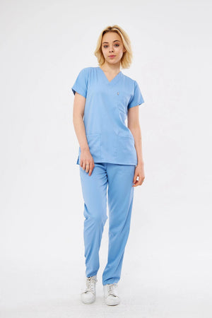 Classic - Bebe Mavisi Kadın Likralı Üniforma Takımı - Class Üniforma hemşire formaları, medikal önlükler