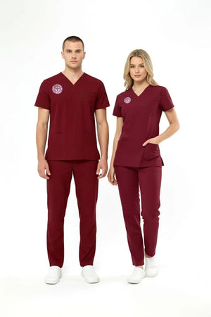 Bordo Lisans - Lisansüstü Hastane Forması Likralı Scrubs Takım(Yeni Yönetmeliğe Uygun - Biking Red) - Class Üniforma hemşire formaları, medikal önlükler