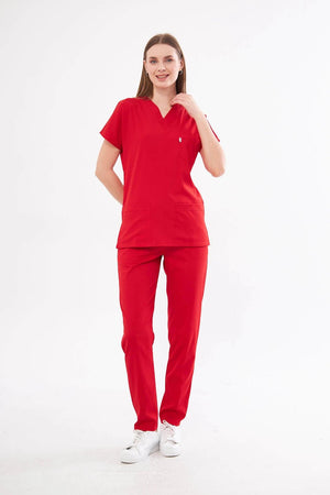 Classic - Kırmızı Kadın Likralı Üniforma Takımı - Class Üniforma hemşire formaları, medikal önlükler
