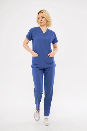 Classic - Fırtına Mavi Kadın Likralı Üniforma Takımı - Class Üniforma hemşire formaları, medikal önlükler