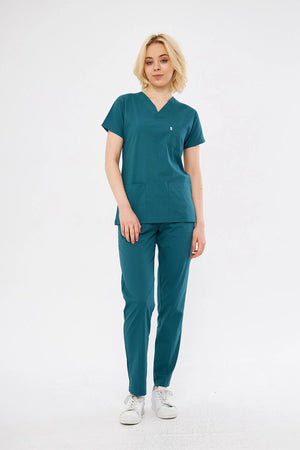 Classic - Petrol Yeşili Kadın Likralı Üniforma Takımı - Class Üniforma hemşire formaları, medikal önlükler