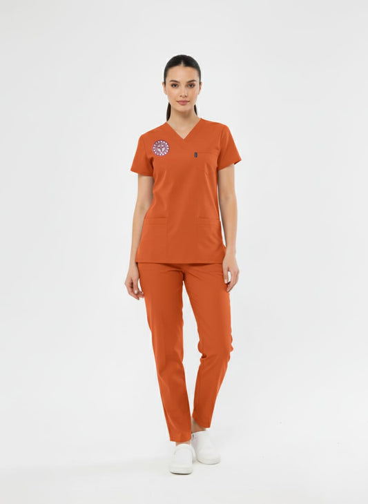 Class Üniforma Turuncu Klinik Destek İşçi Forması Likralı Scrubs Kadın (Yeni Yönetmeliğe Uygun - Orange Ochre)