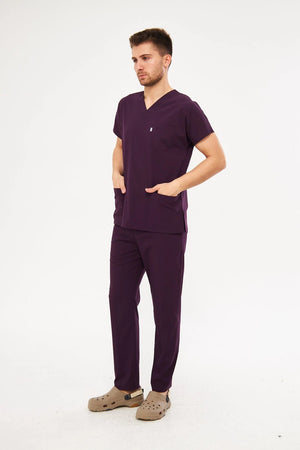 Classic - Koyu Mürdüm Erkek Likralı Üniforma Takımı - Class Üniforma hemşire formaları, medikal önlükler