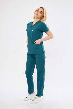 Classic - Petrol Yeşili Kadın Likralı Üniforma Takımı - Class Üniforma hemşire formaları, medikal önlükler