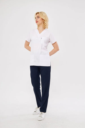 Classic - Beyaz Lacivert Kadın Likralı Üniforma Takımı - Class Üniforma hemşire formaları, medikal önlükler