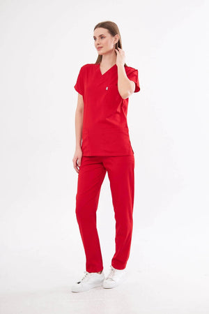Classic - Kırmızı Kadın Likralı Üniforma Takımı - Class Üniforma hemşire formaları, medikal önlükler