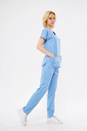 Classic - Bebe Mavisi Kadın Likralı Üniforma Takımı - Class Üniforma hemşire formaları, medikal önlükler
