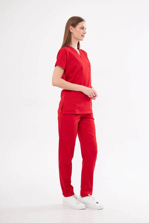 Classic - Kırmızı Kadın Likralı Üniforma Takımı - Class Üniforma hemşire formaları, medikal önlükler