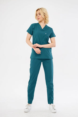 Classic - Petrol Yeşili Kadın Likralı Üniforma Takımı - Class Üniforma hemşire formaları, medikal önlükler