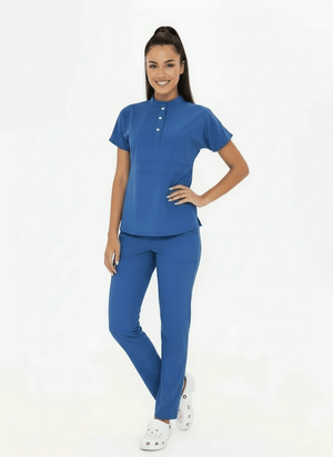 N O V A | Fırtına Mavi Düz Paça Pantolon Kadın Likralı Hakim Yaka Yarım Pat Çıtçıtlı Hemşire Ve Doktor Forması Scrubs - Class Üniforma hemşire formaları, medikal önlükler