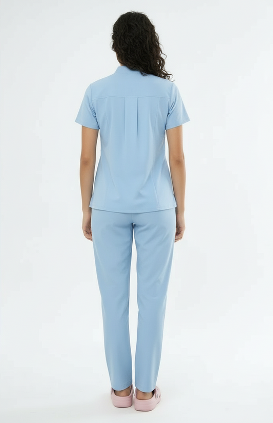 N O V A | Bebe Mavisi Kadın Likralı Hakim Yaka Yarım Pat Çıtçıtlı Hemşire Ve Doktor Forması Scrubs