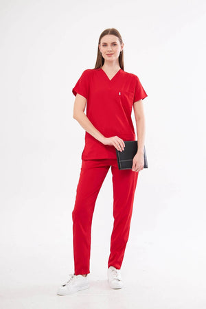Classic - Kırmızı Kadın Likralı Üniforma Takımı - Class Üniforma hemşire formaları, medikal önlükler