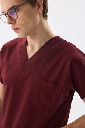 Classic Tek Üst - Bordo Likralı Erkek Hemşire Forması Üstü - Class Üniforma hemşire formaları, medikal önlükler