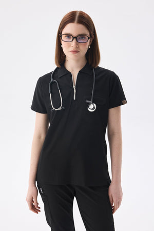 Polo Yaka Siyah Kadın Medikal Üniforma Scrubs Takımı - Class Üniforma hemşire formaları, medikal önlükler