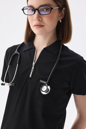 Polo Yaka Siyah Kadın Medikal Üniforma Scrubs Takımı - Class Üniforma hemşire formaları, medikal önlükler