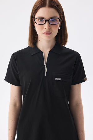 Polo Yaka Siyah Kadın Medikal Üniforma Scrubs Takımı - Class Üniforma hemşire formaları, medikal önlükler