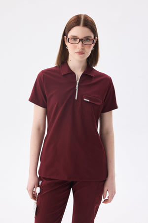 Polo Yaka Bordo Kadın Medikal Üniforma Scrubs - Class Üniforma hemşire formaları, medikal önlükler