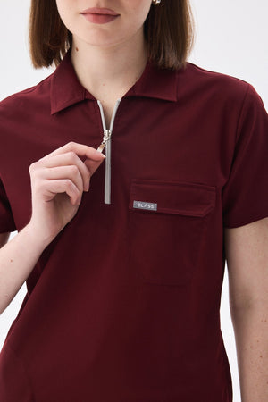 Polo Yaka Bordo Kadın Medikal Üniforma Scrubs - Class Üniforma hemşire formaları, medikal önlükler