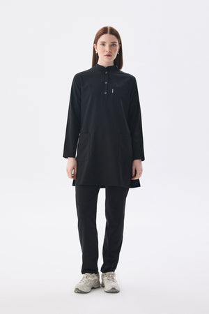 Tesettür Siyah Tek Üst Likralı Kadın Medikal Üniforma Doktor Ve Hemşire Forması Cerrahi - Class Üniforma hemşire formaları, medikal önlükler