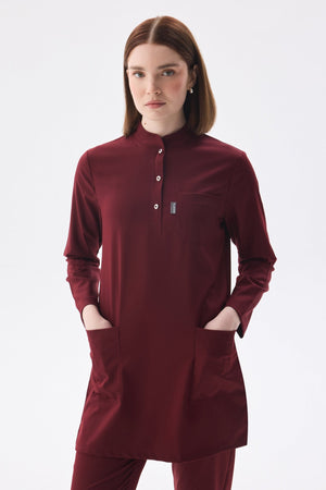 Tesettür Bordo Tek Üst Likralı Kadın Medikal Üniforma Doktor Ve Hemşire Forması Cerrahi - Class Üniforma hemşire formaları, medikal önlükler