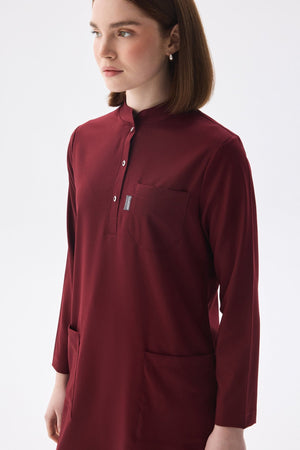 Tesettür Bordo Tek Üst Likralı Kadın Medikal Üniforma Doktor Ve Hemşire Forması Cerrahi - Class Üniforma hemşire formaları, medikal önlükler