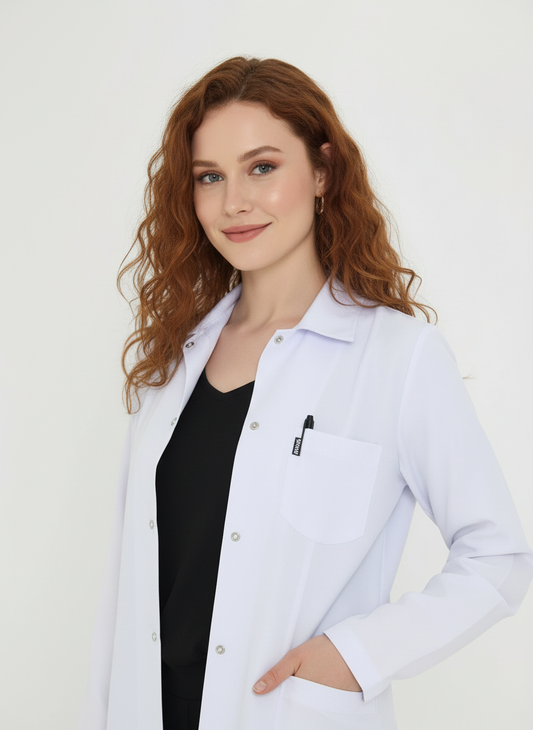 Kadın Uzun Kol Beyaz Çıtçıtlı Önlük Ceket – Klasik Yaka