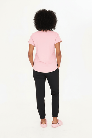 N O V A | Pembe Siyah Kadın Likralı Hakim Yaka Yarım Pat Çıtçıtlı Hemşire Ve Doktor Forması Scrubs - Class Üniforma hemşire formaları, medikal önlükler