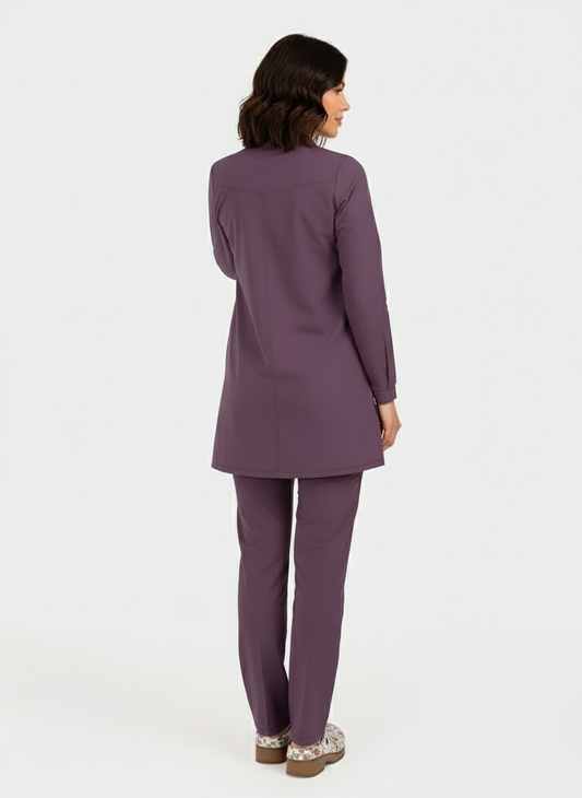 Tesettür - Açık Mürdüm Likralı Hemşire Üniforma Takımı