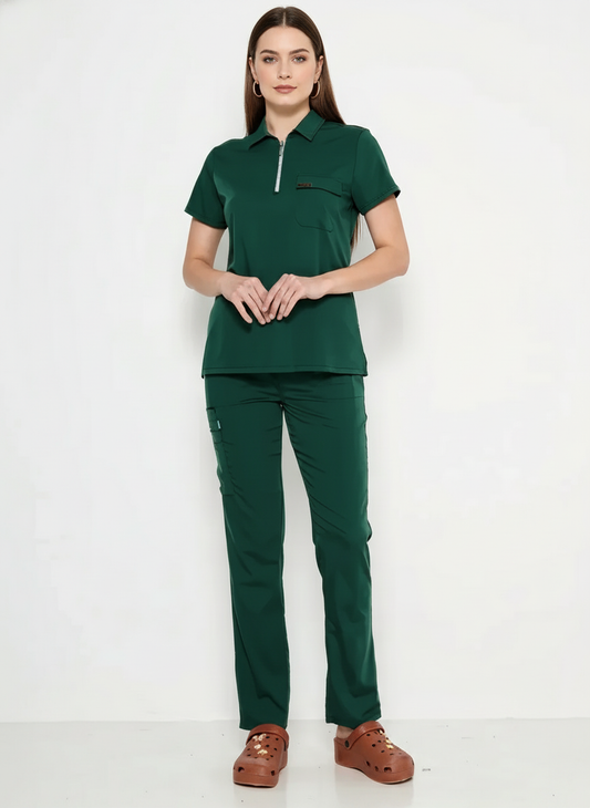 Polo Yaka Avcı Yeşili Kadın Medikal Üniforma Scrubs