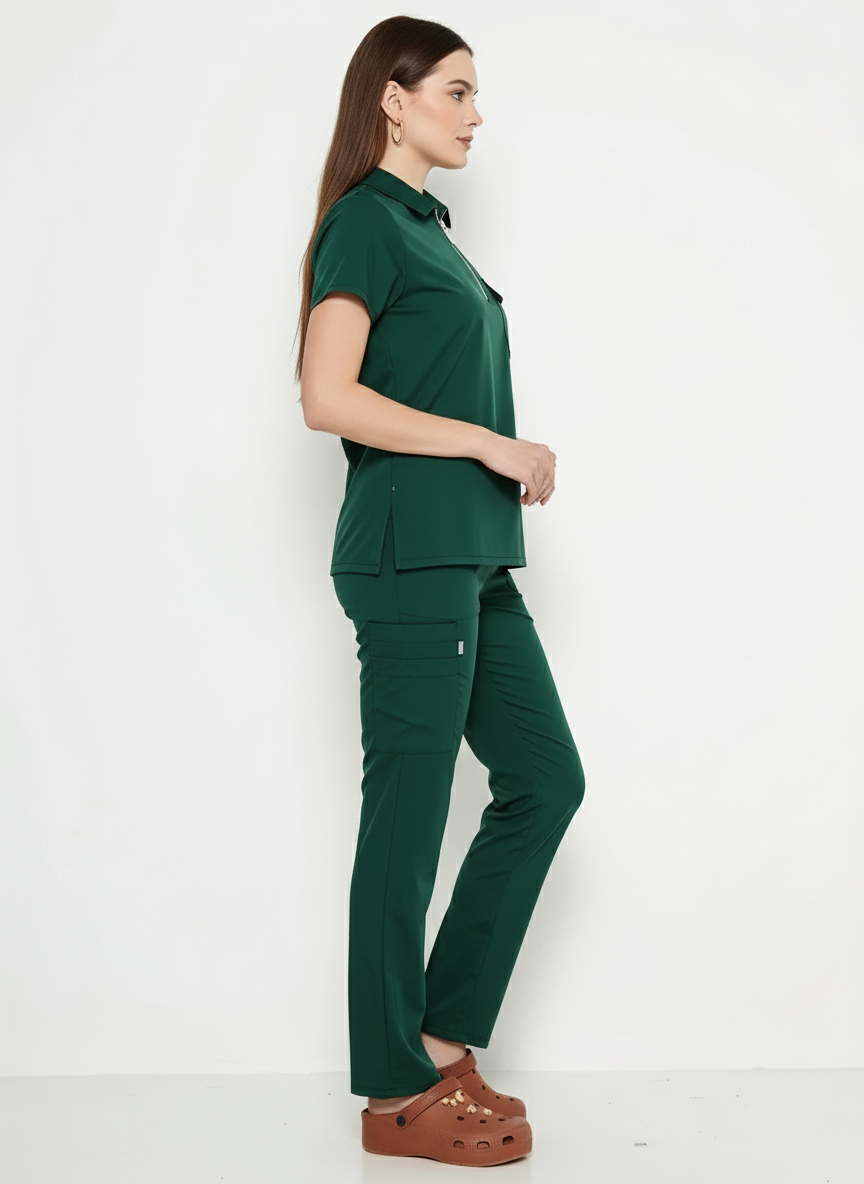 Polo Yaka Avcı Yeşili Kadın Medikal Üniforma Scrubs