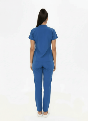 N O V A | Fırtına Mavi Düz Paça Pantolon Kadın Likralı Hakim Yaka Yarım Pat Çıtçıtlı Hemşire Ve Doktor Forması Scrubs - Class Üniforma hemşire formaları, medikal önlükler