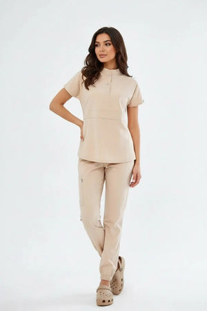 N O V A | Bej Premium Likralı Üniforma Takımı - Lastikli Paça - Class Üniforma hemşire formaları, medikal önlükler