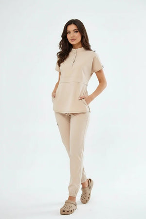 N O V A | Bej Premium Likralı Üniforma Takımı - Lastikli Paça - Class Üniforma hemşire formaları, medikal önlükler