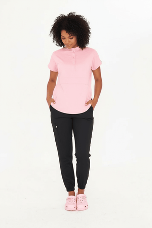 N O V A | Pembe Siyah Kadın Likralı Hakim Yaka Yarım Pat Çıtçıtlı Hemşire Ve Doktor Forması Scrubs - Class Üniforma hemşire formaları, medikal önlükler