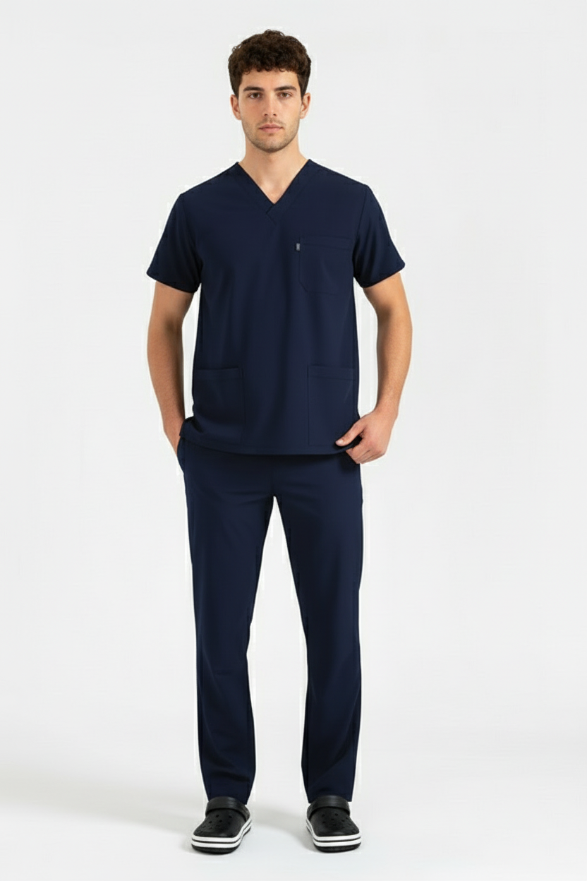 Классические тёмно-синие мужские брюки из лайкры с одинарным низом