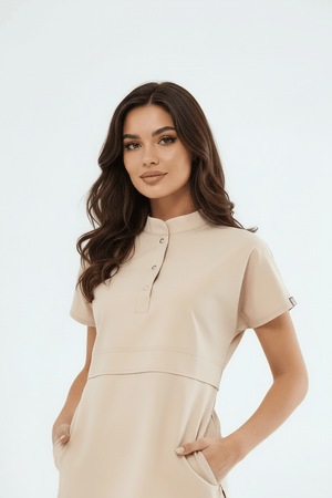 N O V A | Bej Premium Likralı Üniforma Takımı - Lastikli Paça - Class Üniforma hemşire formaları, medikal önlükler