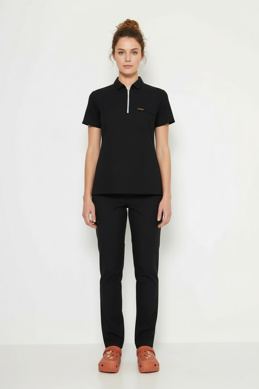 Polo Yaka Siyah Kadın Medikal Üniforma Scrubs Takımı