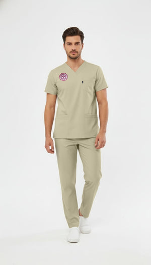 Bej Sağlık Teknisyen, Tekniker Forması Likralı Scrubs Takım (Yeni Yönetmeliğe Uygun - Moth) - Class Üniforma hemşire formaları, medikal önlükler