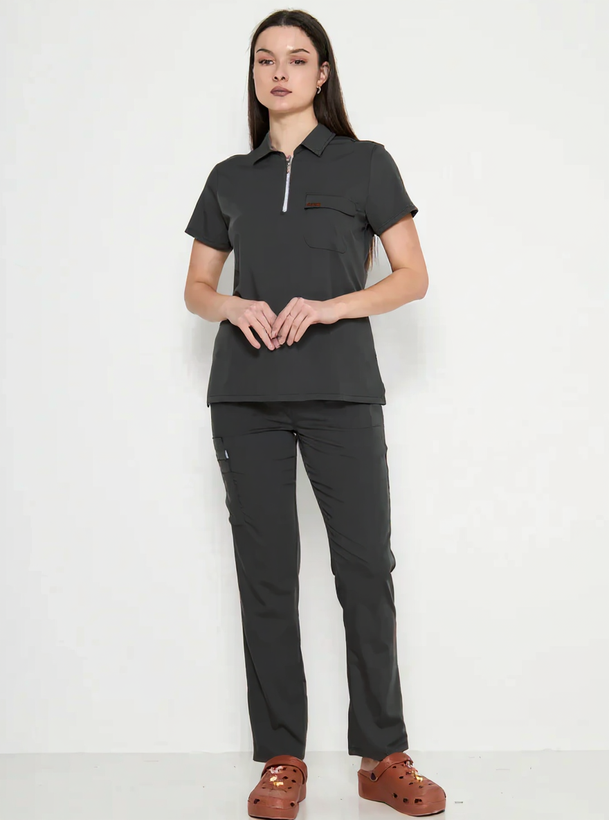 Polo Yaka Antrasit Kadın Medikal Üniforma Scrubs