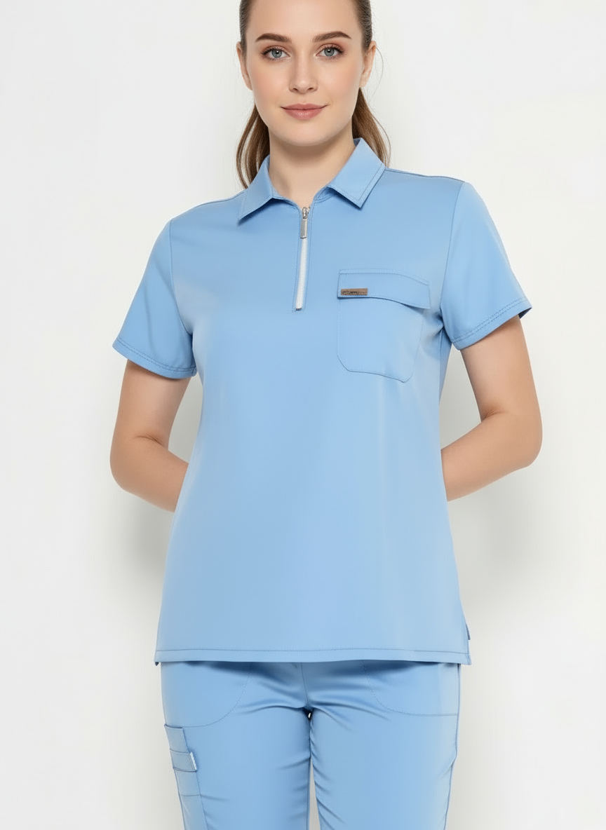 Polo Yaka Bebe Mavisi Kadın Medikal Üniforma Scrubs