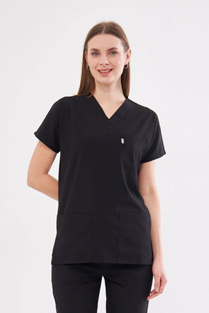 Classic Tek Üst - Siyah Likralı Hemşire Forması Üstü - Class Üniforma hemşire formaları, medikal önlükler
