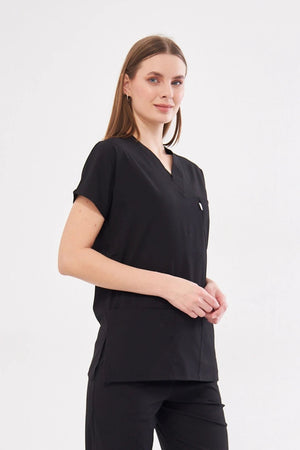 Classic Tek Üst - Siyah Likralı Hemşire Forması Üstü - Class Üniforma hemşire formaları, medikal önlükler