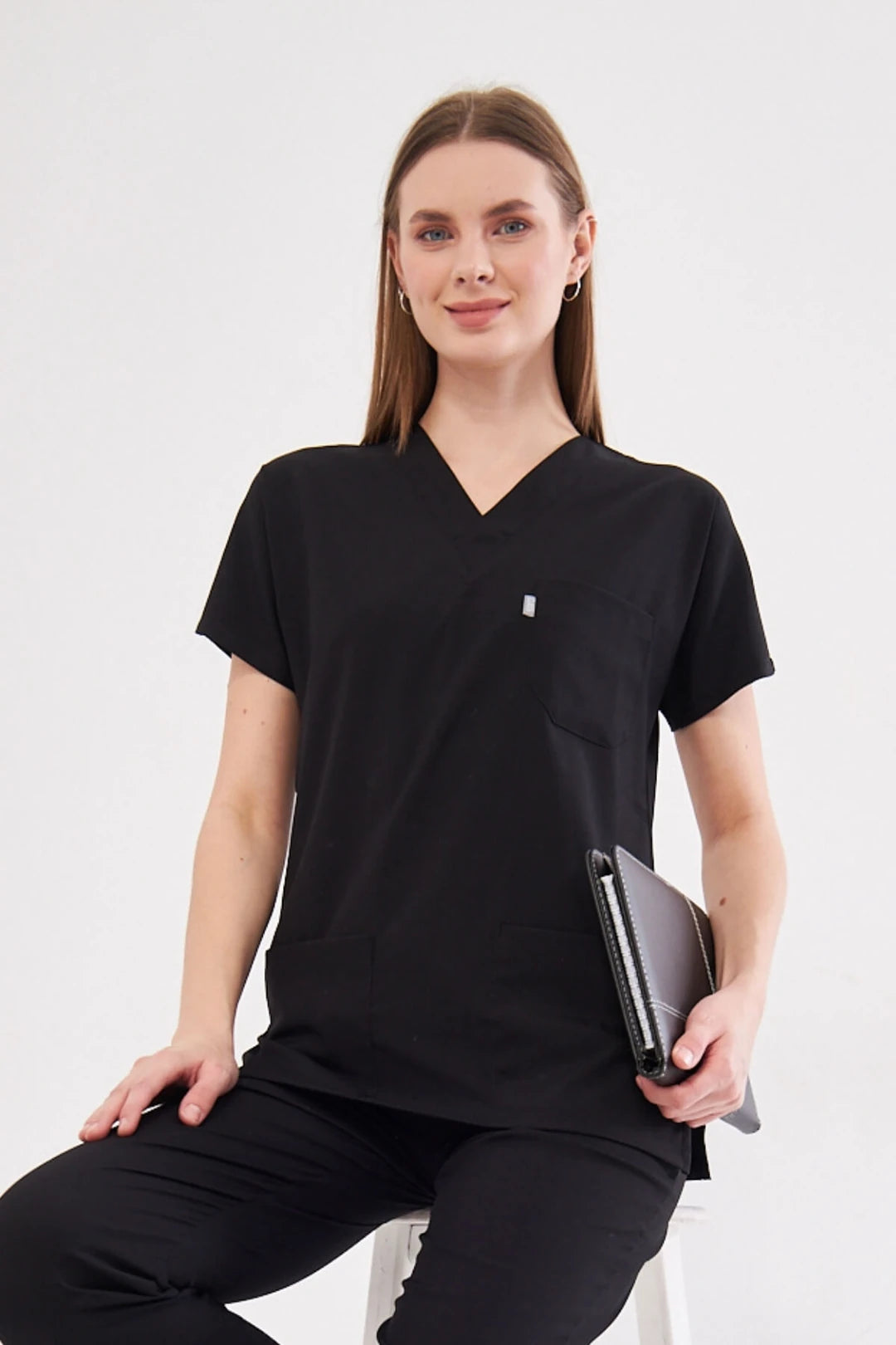 Classic Tek Üst - Siyah Likralı Hemşire Forması Üstü