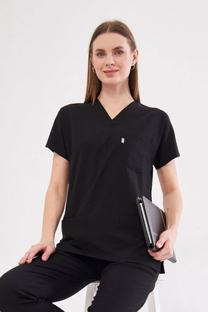 Classic Tek Üst - Siyah Likralı Hemşire Forması Üstü - Class Üniforma hemşire formaları, medikal önlükler